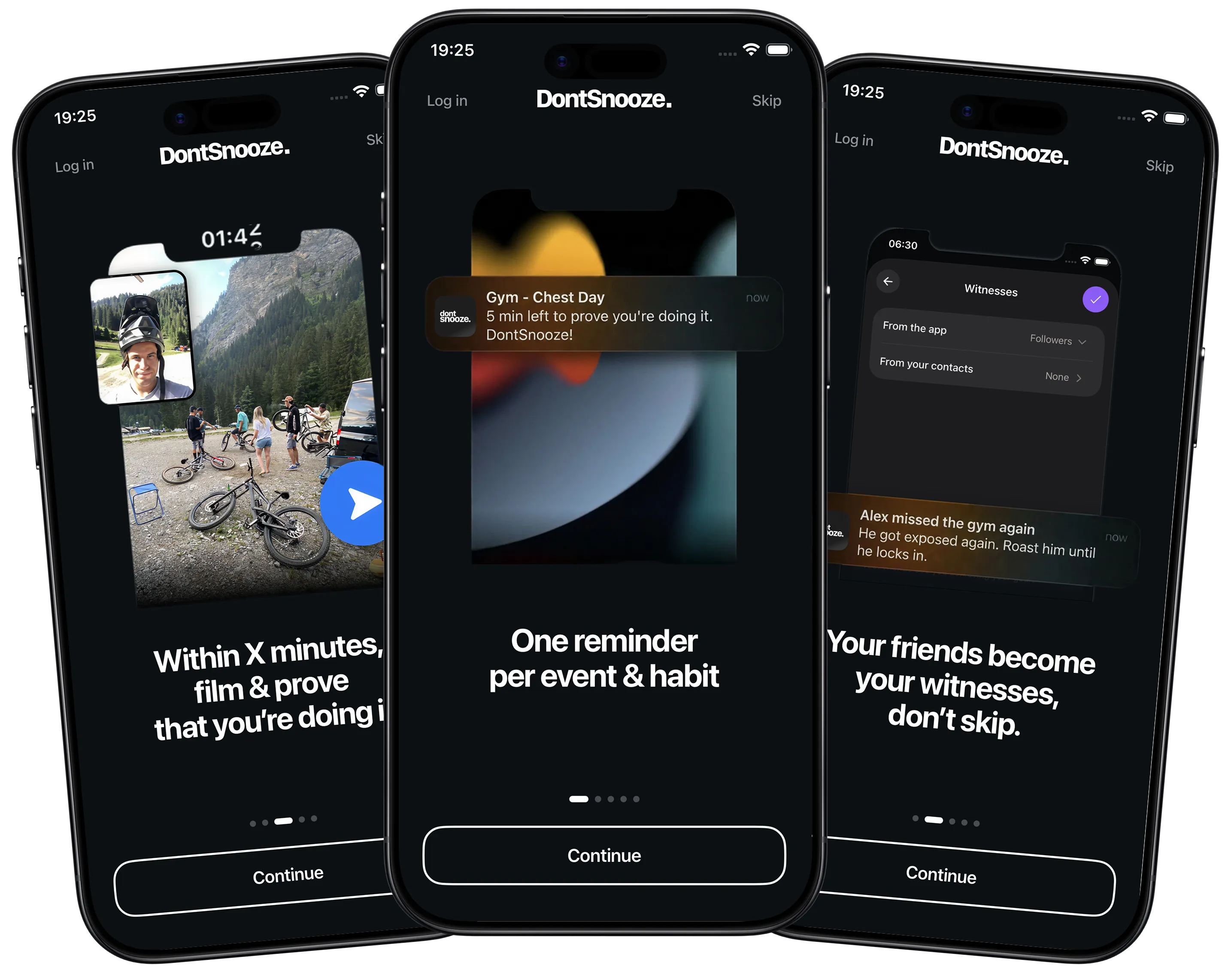 DontSnooze iOS app — anti-snooze alarm and social habit tracker showing video proof, streaks, and friend reactions